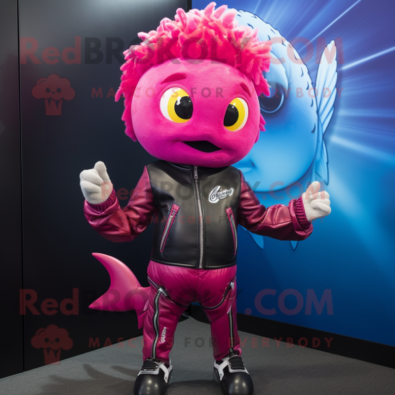 Magenta Goldfish mascot costume character dressed with a Biker Jacket and Mittens Magenta Goldfish mascot costume character dressed with a Biker Jacket and Mittens