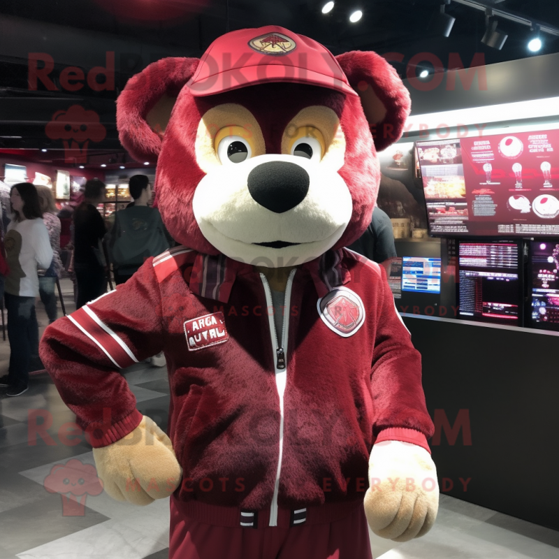 Maroon Alliance mascot costume character dressed with a Bomber Jacket and Scarves Maroon Alliance mascot costume character dressed with a Bomber Jacket and Scarves