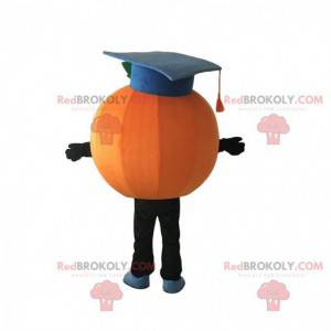 Mascote laranja com óculos e chapéu de pós-graduação -