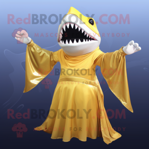 Gold Megalodon mascot costume character dressed with a Evening Gown and Scarves