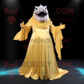 Gold Megalodon mascot costume character dressed with a Evening Gown and Scarves