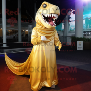 Gold Megalodon mascot costume character dressed with a Evening Gown and Scarves
