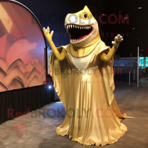 Gold Megalodon mascot costume character dressed with a Evening Gown and Scarves