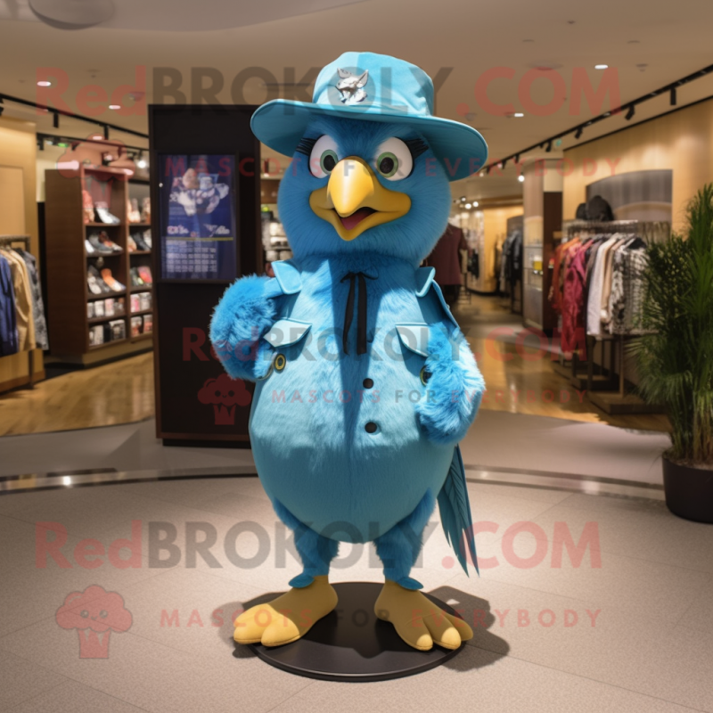 Turquoise Blue Jay mascot costume character dressed with a Coat and Hat pins