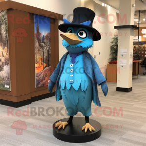 Turquoise Blue Jay mascot costume character dressed with a Coat and Hat pins