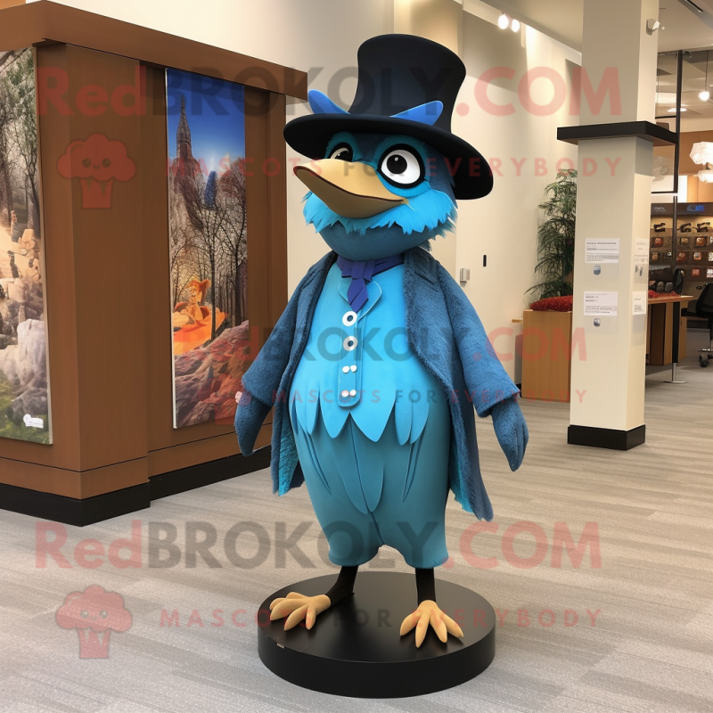 Turquoise Blue Jay mascot costume character dressed with a Coat and Hat pins Turquoise Blue Jay mascot costume character dressed with a Coat and Hat pins