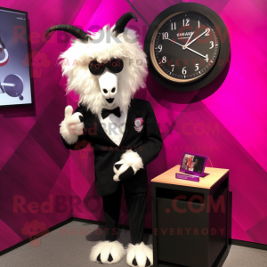 Magenta Angora Goat mascot costume character dressed with a Tuxedo and Digital watches