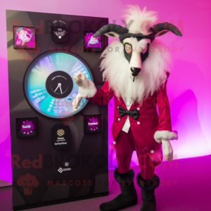 Magenta Angora Goat mascot costume character dressed with a Tuxedo and Digital watches