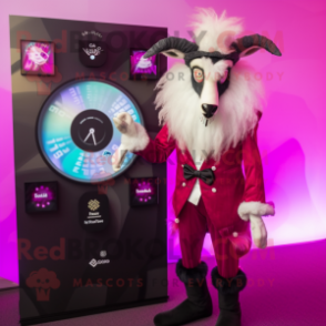 Magenta Angora Goat mascot costume character dressed with a Tuxedo and Digital watches