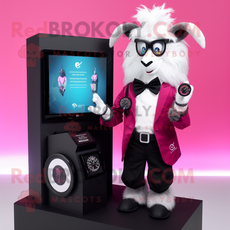 Magenta Angora Goat mascot costume character dressed with a Tuxedo and Digital watches