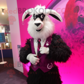 Magenta Angora Goat mascot costume character dressed with a Tuxedo and Digital watches