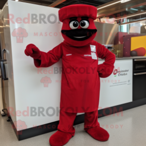 Maroon Lasagna mascot costume character dressed with a Jumpsuit and Cufflinks