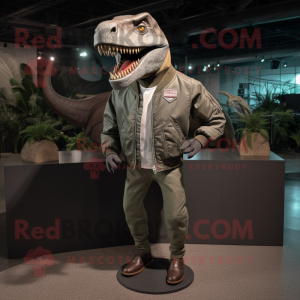 Gray T Rex mascot costume character dressed with a Bomber Jacket and Pocket squares
