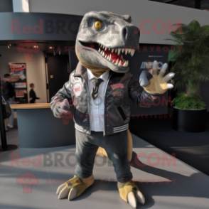 Gray T Rex mascot costume character dressed with a Bomber Jacket and Pocket squares