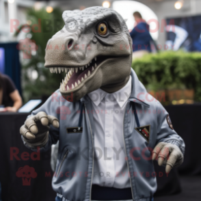Gray T Rex mascot costume character dressed with a Bomber Jacket and Pocket squares