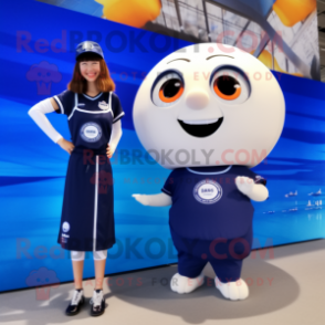 Navy Handball Ball mascot costume character dressed with a One-Piece Swimsuit and Watches