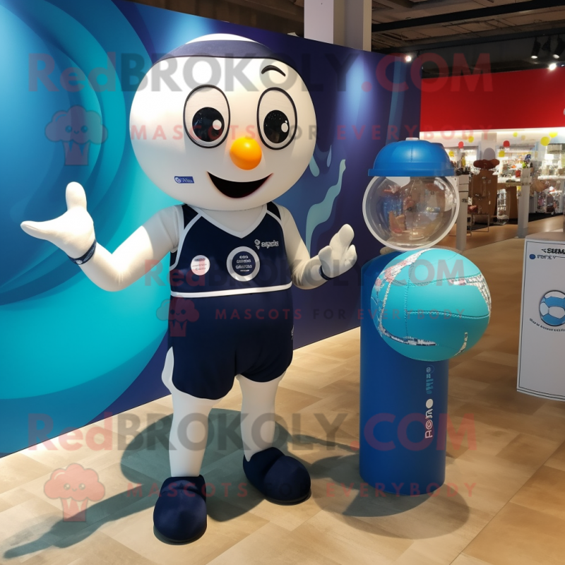 Navy Handball Ball mascot costume character dressed with a One-Piece Swimsuit and Watches Navy Handball Ball mascot costume character dressed with a One-Piece Swimsuit and Watches