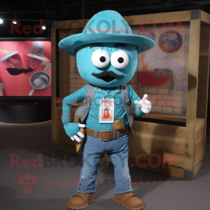Teal Shakshuka mascot costume character dressed with a Denim Shirt and Belts