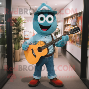 Teal Shakshuka mascot costume character dressed with a Denim Shirt and Belts