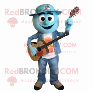 Teal Shakshuka mascot costume character dressed with a Denim Shirt and Belts