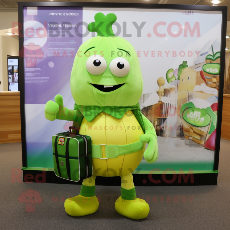 Lime Green Turnip mascot costume character dressed with a Wrap Dress and Briefcases