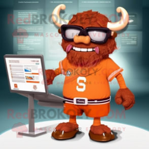 Orange Minotaur mascot costume character dressed with a One-Piece Swimsuit and Reading glasses