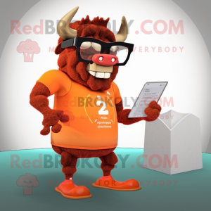 Orange Minotaur mascot costume character dressed with a One-Piece Swimsuit and Reading glasses