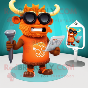 Orange Minotaur mascot costume character dressed with a One-Piece Swimsuit and Reading glasses