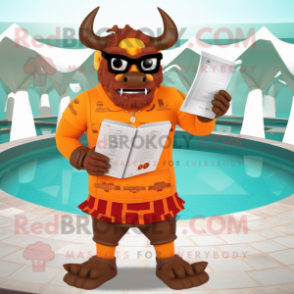 Orange Minotaur mascot costume character dressed with a One-Piece Swimsuit and Reading glasses