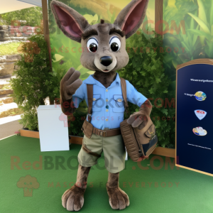 Olive Roe Deer mascot costume character dressed with a Chambray Shirt and Messenger bags