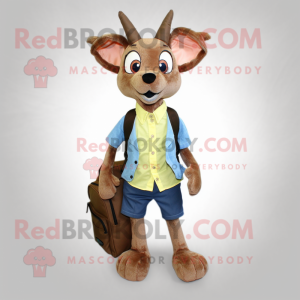 Olive Roe Deer mascot costume character dressed with a Chambray Shirt and Messenger bags