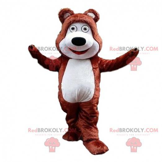 Mascote urso de pelúcia marrom e branco, fantasia de urso de