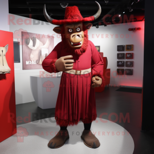 Red Minotaur mascot costume character dressed with a Dress Shirt and Hat pins