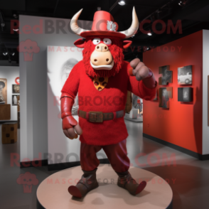 Red Minotaur mascot costume character dressed with a Dress Shirt and Hat pins