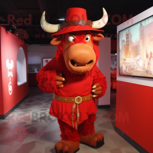 Red Minotaur mascot costume character dressed with a Dress Shirt and Hat pins