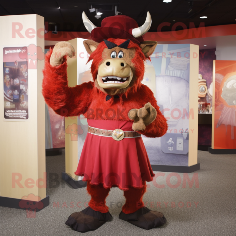 Red Minotaur mascot costume character dressed with a Dress Shirt and Hat pins