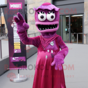 Magenta Zombie mascot costume character dressed with a Sheath Dress and Gloves