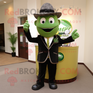 Olive Attorney mascot costume character dressed with a Blazer and Suspenders