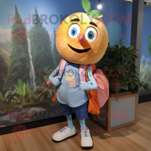 Peach Ice mascot costume character dressed with a Chambray Shirt and Backpacks