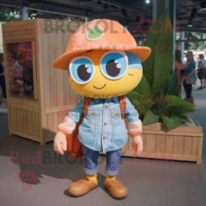 Peach Ice mascot costume character dressed with a Chambray Shirt and Backpacks