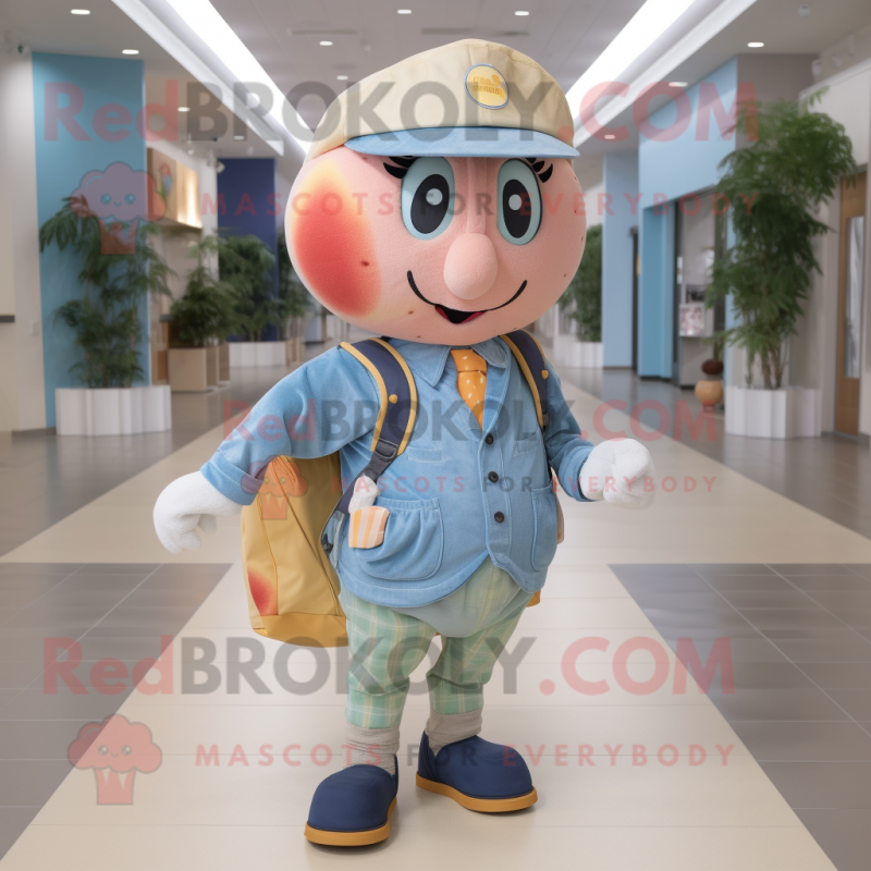 Peach Ice mascot costume character dressed with a Chambray Shirt and Backpacks Peach Ice mascot costume character dressed with a Chambray Shirt and Backpacks