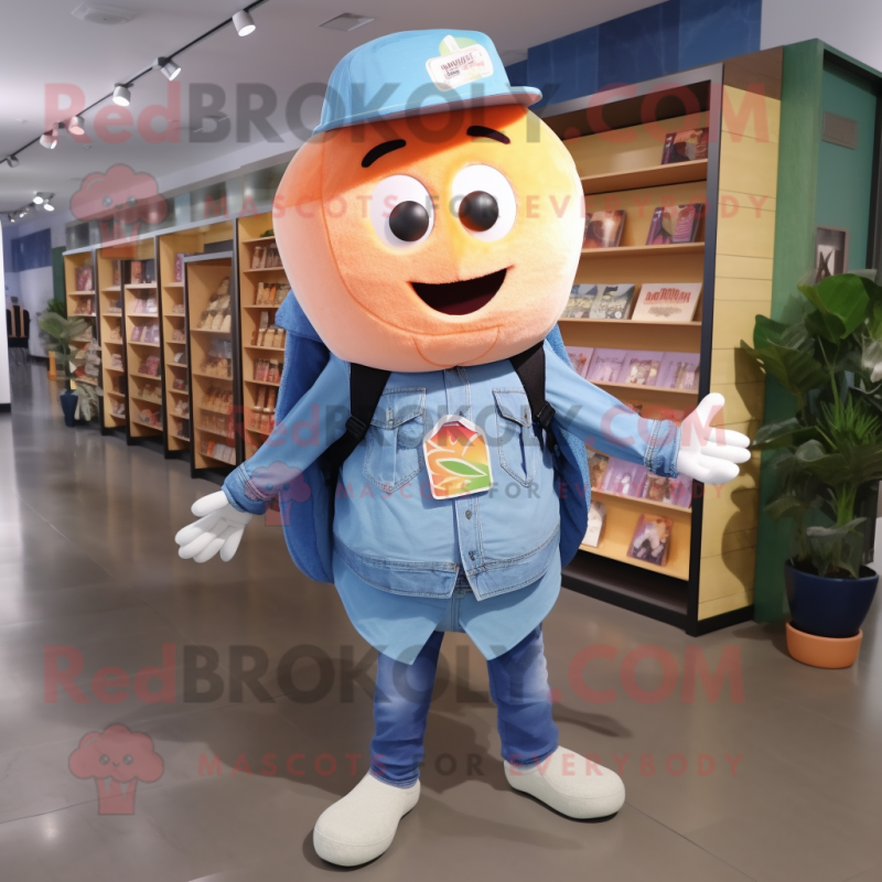 Peach Ice mascot costume character dressed with a Chambray Shirt and Backpacks Peach Ice mascot costume character dressed with a Chambray Shirt and Backpacks