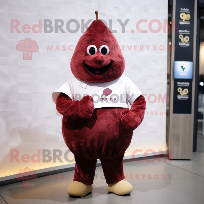 Maroon Pear mascot costume character dressed with a Flannel Shirt and Smartwatches Maroon Pear mascot costume character dressed with a Flannel Shirt and Smartwatches