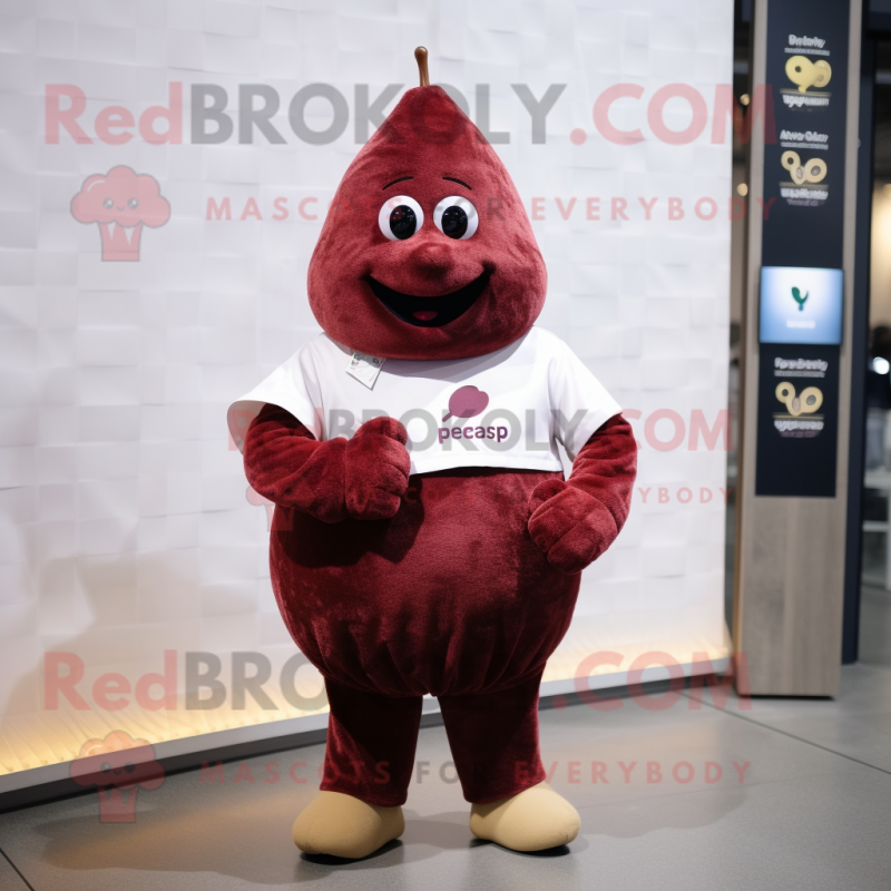 Maroon Pear mascot costume character dressed with a Flannel Shirt and Smartwatches