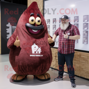 Maroon Pear mascot costume character dressed with a Flannel Shirt and Smartwatches