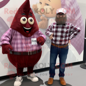 Maroon Pear mascot costume character dressed with a Flannel Shirt and Smartwatches