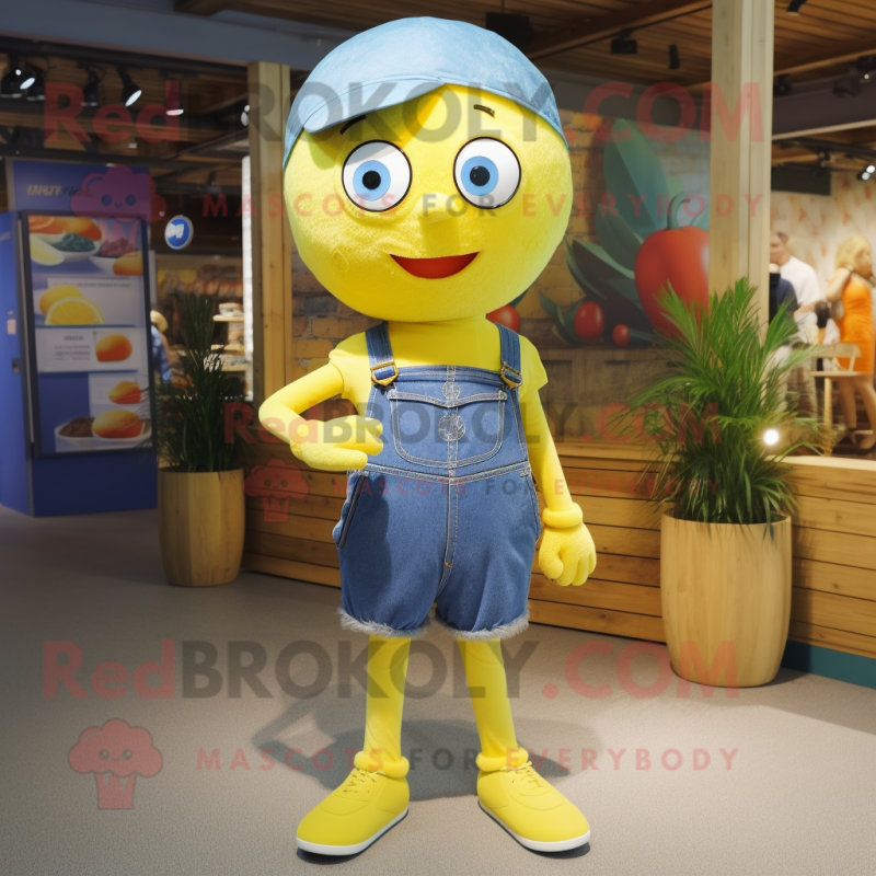 Rust Lemon mascot costume character dressed with a Denim Shorts and Anklets