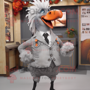Gray Rooster mascot costume character dressed with a Waistcoat and Hairpins