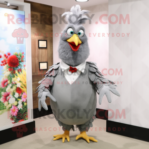 Gray Rooster mascot costume character dressed with a Waistcoat and Hairpins