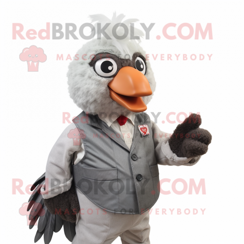 Gray Rooster mascot costume character dressed with a Waistcoat and Hairpins